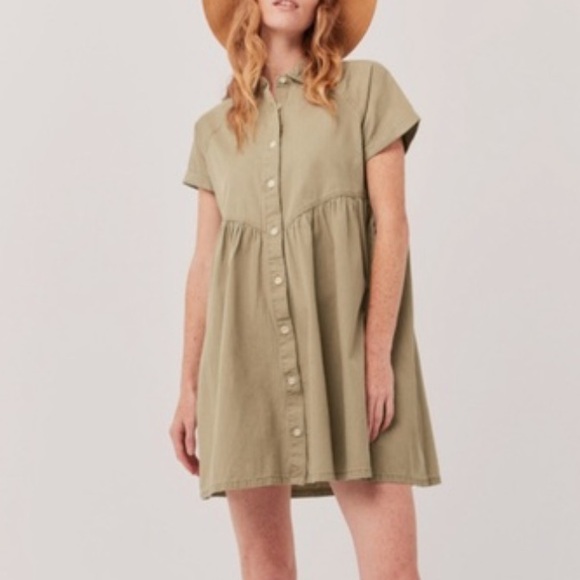 Pact Organic Chambray Collared Shirt Mini Dress Tan Size Large Safari Casual - Picture 1 of 11